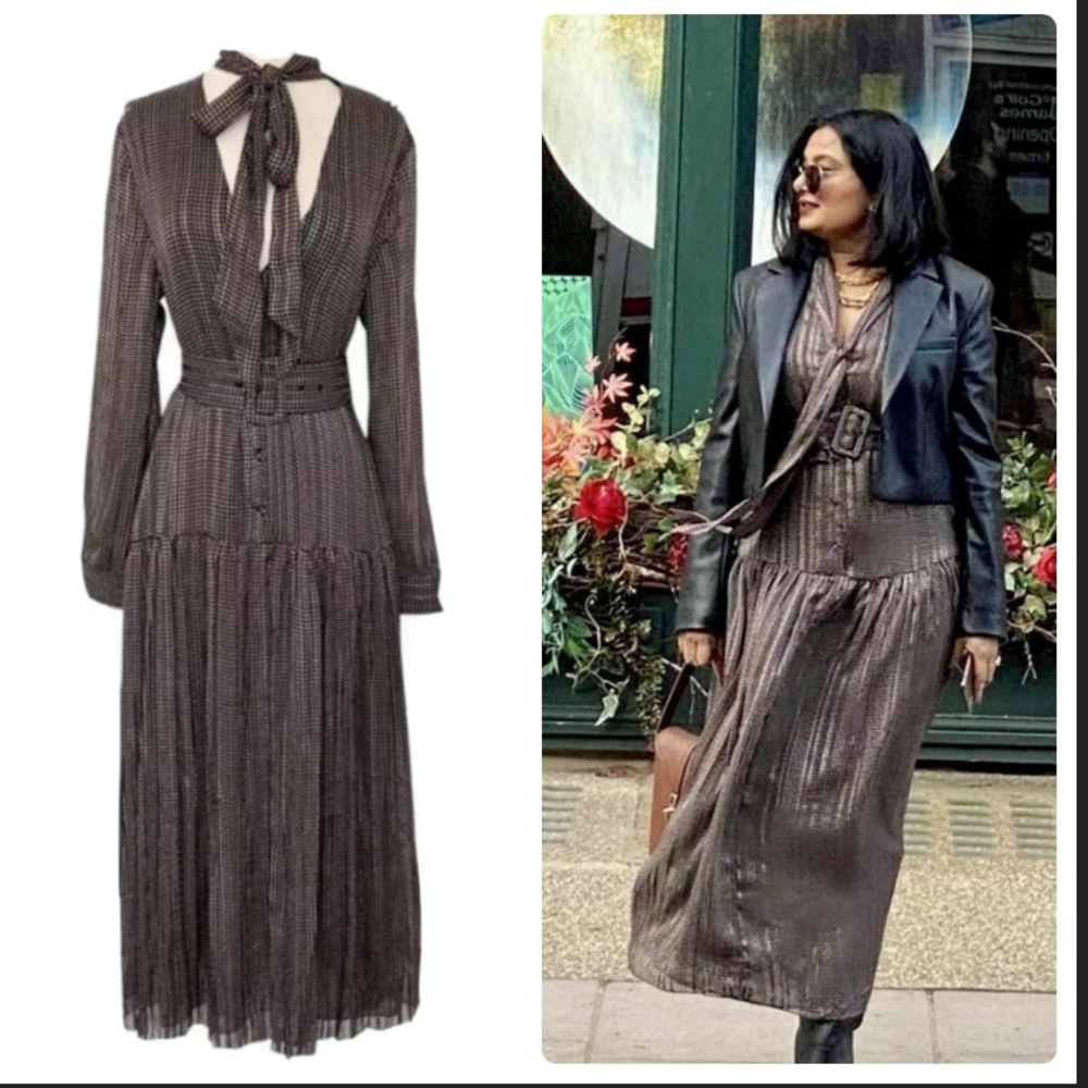 Zara belted long shirt dress with neck tie NWT